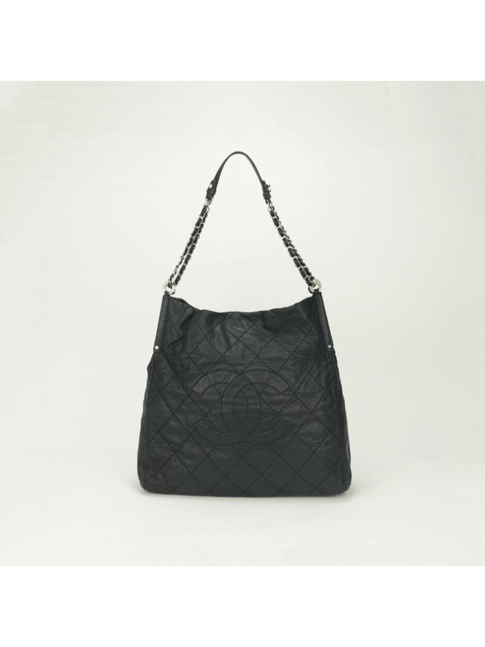 Chanel Quilted Tote Sparkle Leather Black Silver Handbag CC Logo Double Chain